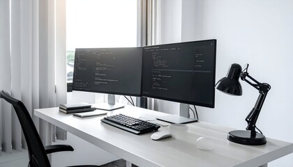 Modern workspace featuring dual monitors displaying code, sleek desk setup with lamp and books