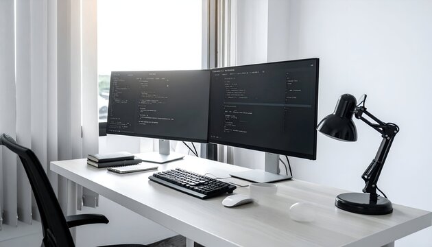 Modern workspace featuring dual monitors displaying code, sleek desk setup with lamp and books