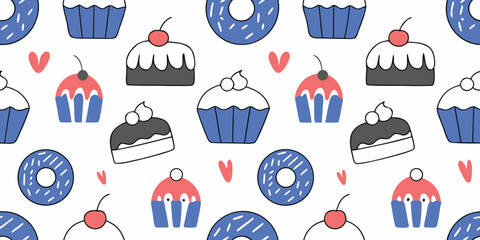 A cute seamless vector pattern featuring hand-drawn doodle style cupcakes and donuts with cherries, a sweet confectionery illustration background