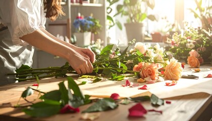 Fototapeta premium A florist skillfully arranging a bouquet of colorful roses and greenery in a sunlit flower shop