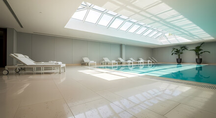 Bright indoor swimming pool with white lounge chairs and a large glass skylight ceiling.