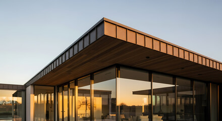 Obraz premium Modern architectural design featuring a building with large glass windows and a wooden soffit under a clear sky at sunset.