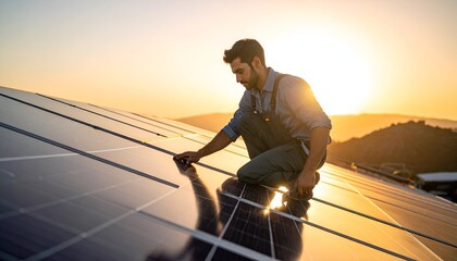 Technician inspecting solar panels at sunset, showcasing renewable energy efforts in a serene landscape