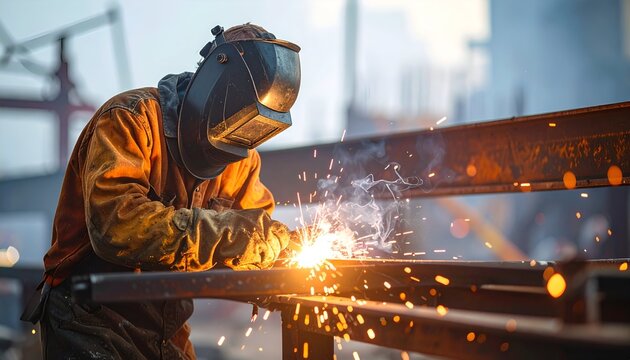 Skilled welder working on metal beams at a construction site with sparks flying in the background - Powered by Adobe
