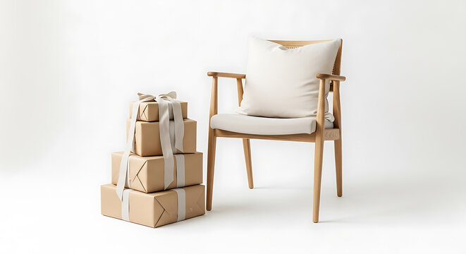 Minimal Christmas scene with gift boxes and wooden chair on white background. Neutral holiday mockup with clean composition.