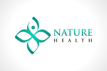 Nature Health Logo, Wellness Logo Design, bio leaf medical logo, pharmaceutical icon, fitness and cure, herbal leaf, human meditation logo Vector Symbol Silhouette Illustration brand business company