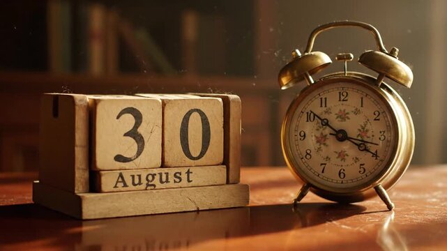 August 30th Calendar Block with Antique Clock on Wooden Table in Warm Sunlight Revealing the Last Day of August and Time Passing By in a Nostalgic Vintage Styled Setting 185-Character