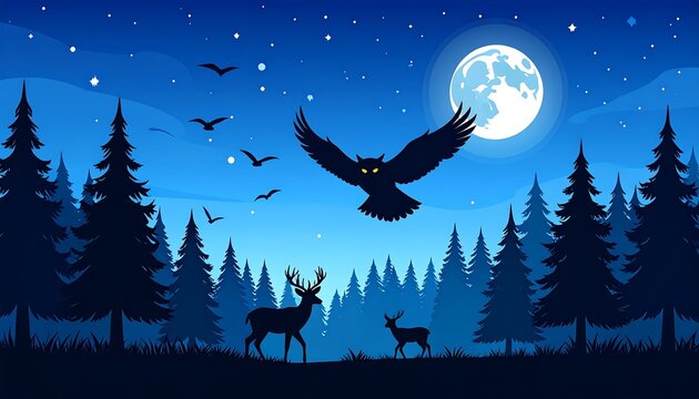 Night forest scene with owl and deer