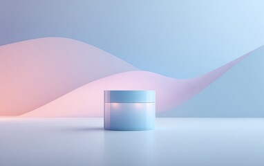 Glowing skincare container resting on dreamy soft-hued layered abstract shapes
