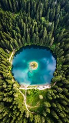 Aerial view of a crystal-clear, turquoise lake ringed by lush, dense evergreen forest with walking paths. Small island dot