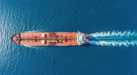 Large cargo ship traveling across the ocean leaving a white wake