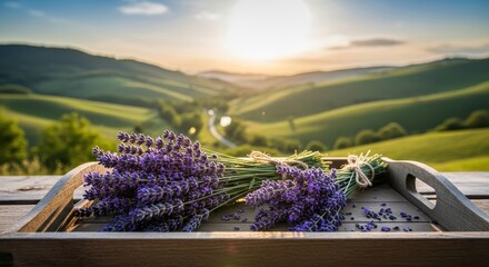 Lavender bouquets placed on a wooden table with a beautiful landscape view