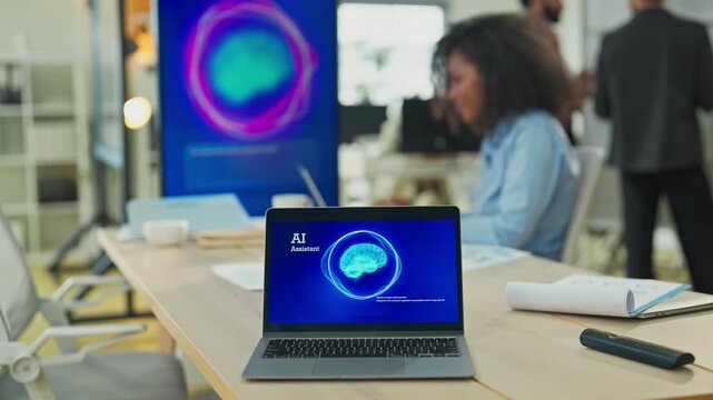 Diverse business professionals, both male and female, collaborate in a bright modern office, using an AI powered virtual assistant to brainstorm innovative ideas, analyze big data insights