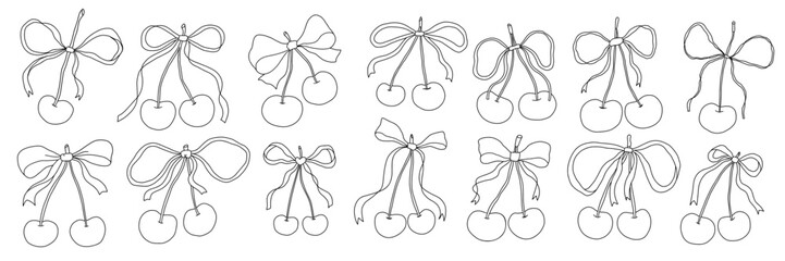Coquette cherry with ribbon bow set in elegant whimsical retro doodle hand-drawn style. Perfect for Christmas, wedding, birthday, Valentine designs, cards, and decor. Vector illustration.