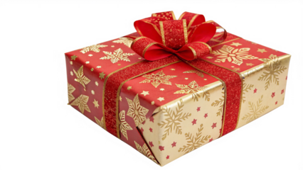 A red and gold gift box with a festive snowflake design is elegantly wrapped with a shiny ribbon isolated on transparent background
