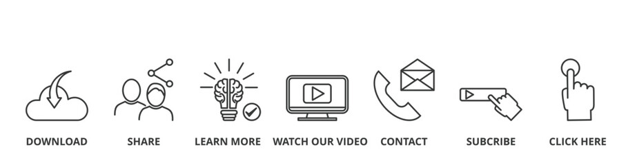 Call to action banner vector illustration concept with icon of download, share, learn more, watch our video, contact us, subscribe, and click here