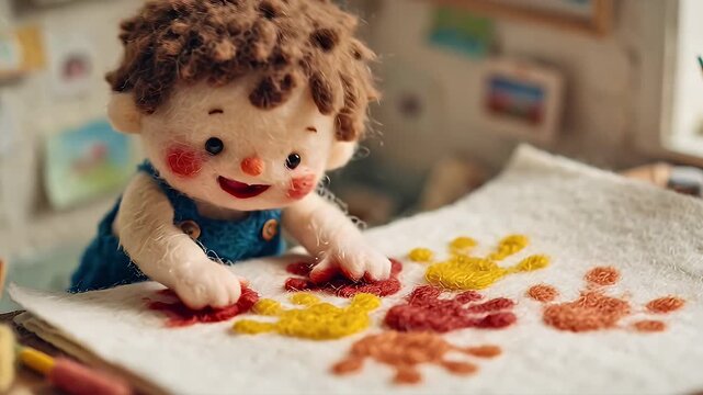 Stuffed doll interacting with colorful handprints on fabric surface