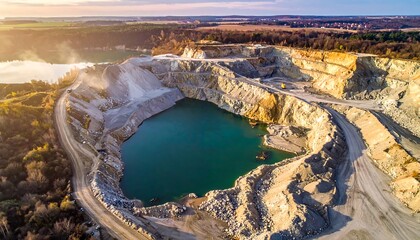 Aerial view of a large open pit mine with a turquoise lake. Surrounding landscape features trees and the late afternoon sun