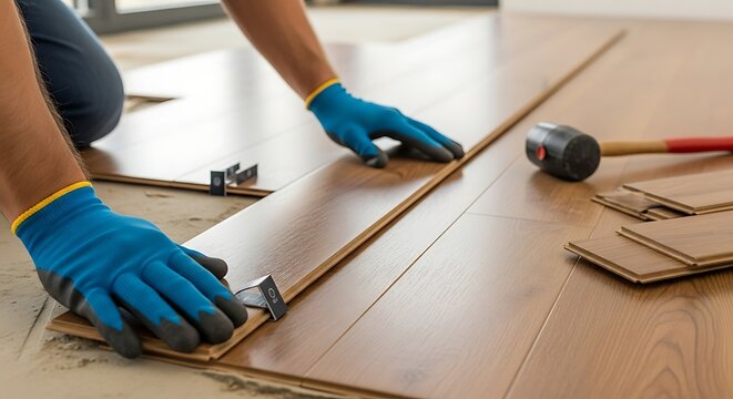 Hands in blue gloves installing laminate flooring with tools.