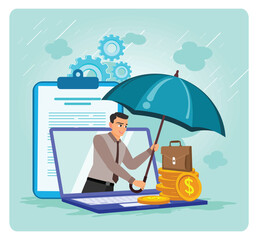 Employment Insurance. Business Protection And Online Finance With Laptop, Umbrella and Coins.