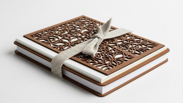Elegant handcrafted notebook with a laser-cut ornate wooden cover and a decorative ribbon, perfect for a wedding guest book or special journal