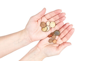 Woman hands holding euro coins, representing poverty, saving money, debt, and economic problems. Transparent background PNG for finance or crisis concepts.