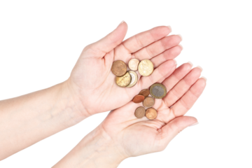 Woman hands holding euro coins, representing poverty, saving money, debt, and economic problems. Transparent background PNG for finance or crisis concepts.