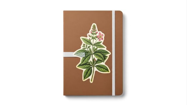 Brown journal with a botanical illustration of a flowering plant on its cover, secured by an elastic band, ideal for nature-inspired writing