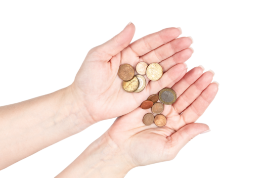 Woman hands holding euro coins, representing poverty, saving money, debt, and economic problems. Transparent background PNG for finance or crisis concepts.