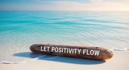 Wooden log with motivational phrase on beach near ocean
