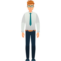 Cartoon Man Wearing White Shirt Blue Tie Dark Pants and Glasses Standing Confidently Isolated on Transparent Background
