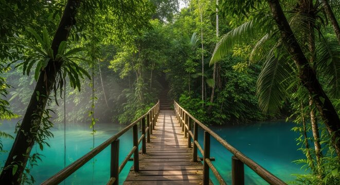 Wooden Bridge Over Turquoise Water in Lush Tropical Forest