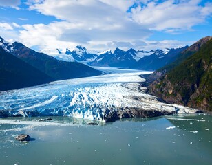 Aerial view of a majestic glacier winding through valleys, surrounded by towering, snow-capped mountains. The water reflects the blue sky