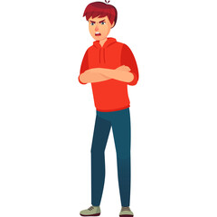 Cartoon Male Character Standing Arms Crossed With Angry Expression Wearing Red Hoodie and Blue Jeans on White Background