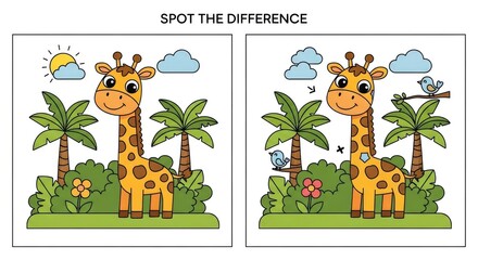 Cute cartoon giraffe in a jungle setting for a find the differences educational puzzle game for children