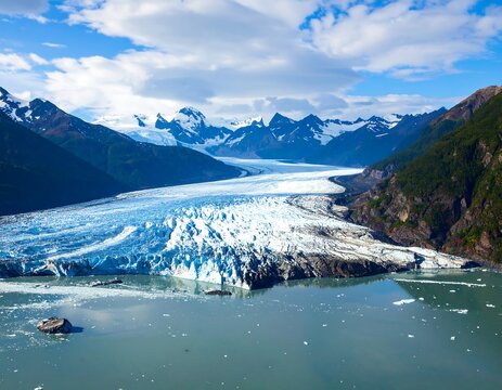 Aerial view of a majestic glacier winding through valleys, surrounded by towering, snow-capped mountains. The water reflects the blue sky