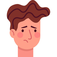 Cartoon Man Character Head With Wavy Brown Hair And Sad Expression Pink Cheeks Transparent Background Flat Design