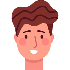 Cartoon man head with brown wavy hair rosy cheeks smiling face pink skin tone and neck isolated on white background flat illustration