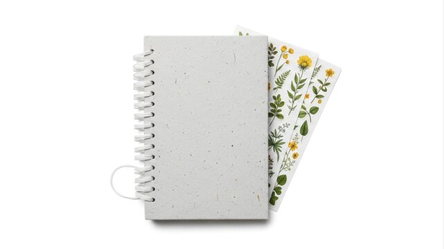 Sustainable spiral notebook with recycled paper and botanical stickers, perfect for nature journaling, creative projects, or eco-friendly notes