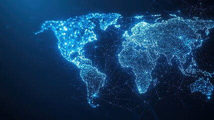 A digital representation of a world map made of glowing blue lines and nodes, symbolizing connectivity and technology.