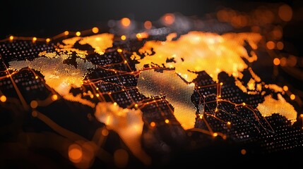 A digital map of the world illuminated by orange dots, showcasing a network of connections against a dark background.