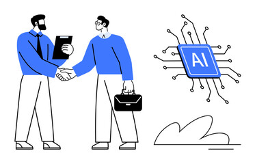 Two professionals shaking hands, holding documents, and a briefcase near an AI circuit concept. Ideal for innovation, business partnerships, technology, artificial intelligence, teamwork, automation