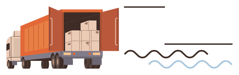 Cargo truck loaded with boxes in an open container, movement lines and waves denoting delivery, shipping, or logistics. Ideal for transportation, freight, delivery, trade, supply chain business