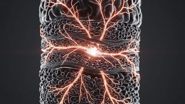 Abstract visualization of energy flow through a complex cellular structure with bright light and sparks.