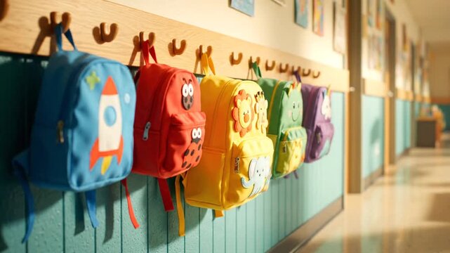 Colorful Backpacks Hanging on Hooks in School Hallway with Bright Natural Light Featuring Blue Red Yellow Green and Purple Bags for Children's Education and Back to School Theme