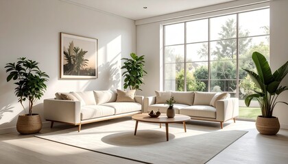 Bright Modern Living Room with Natural Light and Lush Green Plants Sofa Arrangement Overlooking Garden View