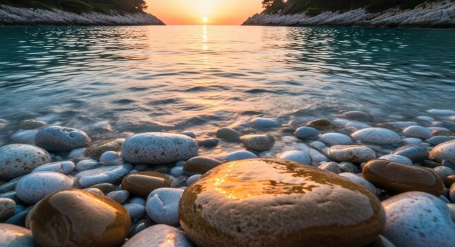 A serene beach scene with wet stones and a brilliant sunset
