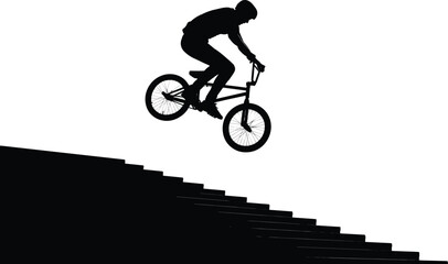 Obraz premium Silhouette vector illustration of BMX cyclist performing daring jump over stairs, extreme sports trick action, urban freestyle stunt competition design