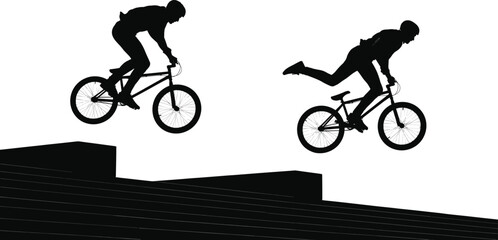 Obraz premium Silhouette vector illustration of BMX cyclist performing extreme stunt trick while jumping over stairs, urban freestyle action sport design for competition