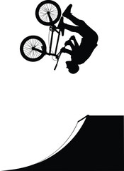 Silhouette vector illustration of BMX rider performing backflip trick on ramp, extreme cycling stunt, freestyle sport action, adrenaline competition design © MdAftab